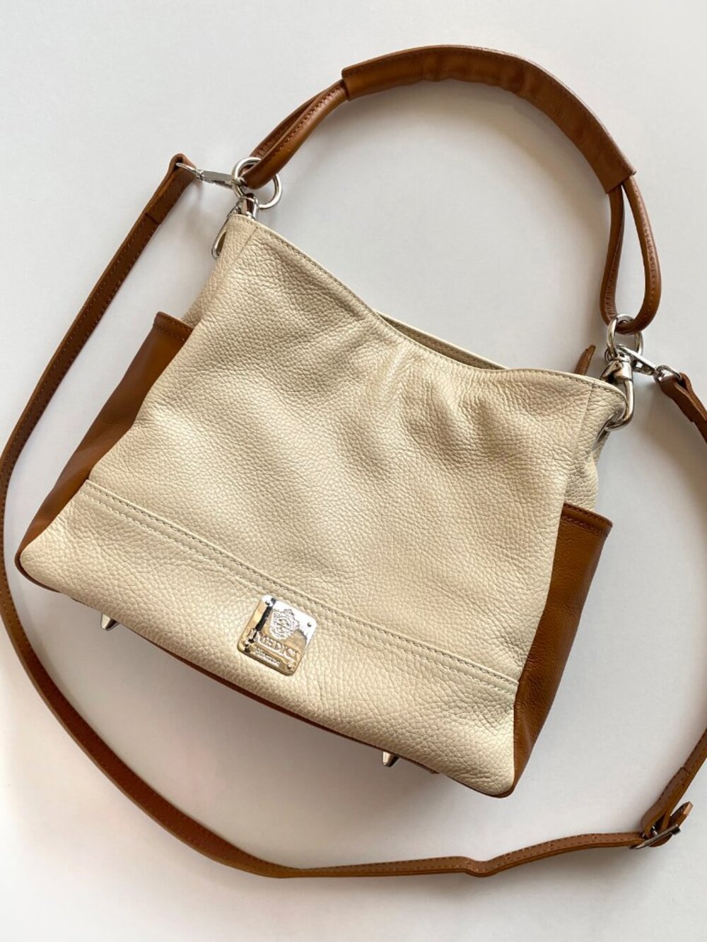 I Medici Firenze Leather Ivory Brown Convertible Hobo Shoulder Bag Made in Italy